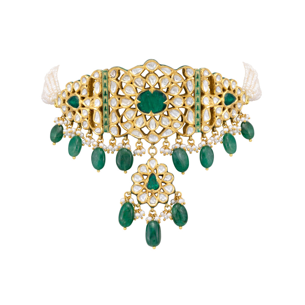 Zambian Emerald Mughal-Inspired Choker with Pearl Strands